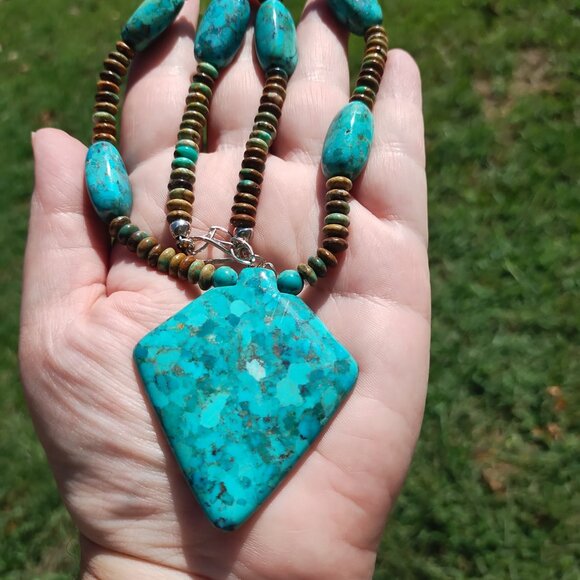 Jay King DTR mine finds green blue turquoise necklace Pendant statement 925 Ster